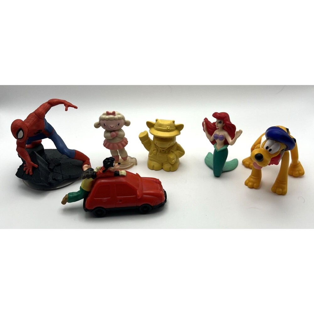 Mixed Lot of 6 Toys: Spiderman, Pluto, Little Mermaid, Burger King, Etc.